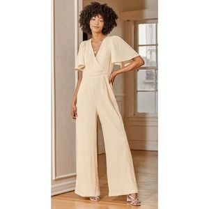 Lulus Jumpsuit Women's Medium One Piece Cream Wide Leg Surplice V-Neck Flutter